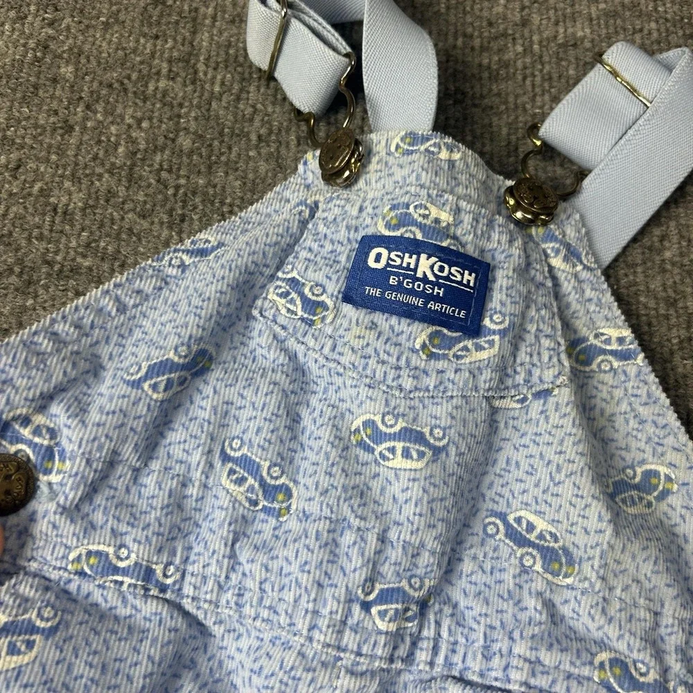 Vintage OshKosh B'gosh Overall Boys 12-18 Months Blue Car Print Seersucker USA